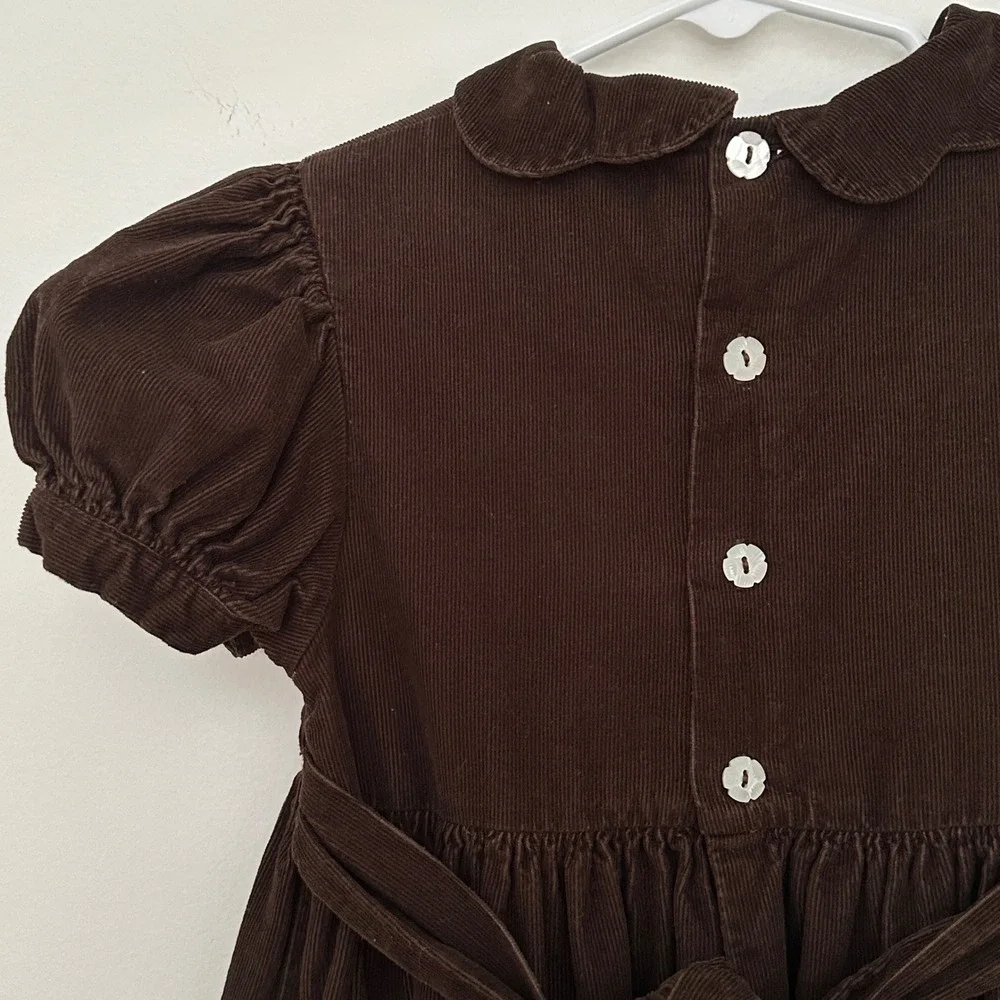 Mom Me Girls Dress 4 Brown Corduroy Smocked Floral Peter Pan Collar Cottage VTG